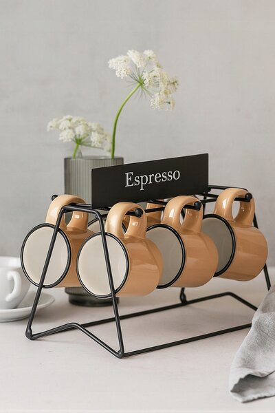 PORCELÁNOVÉ ŠÁLKY NA ESPRESSO ŽLUTÉ 100 ML 6 KS S KOVOVÝM STOJANEM