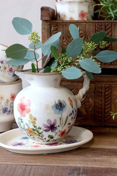 Béžový antik keramický džbán s květy Fleurville - 20,5*18,5 cm - Chic Antique