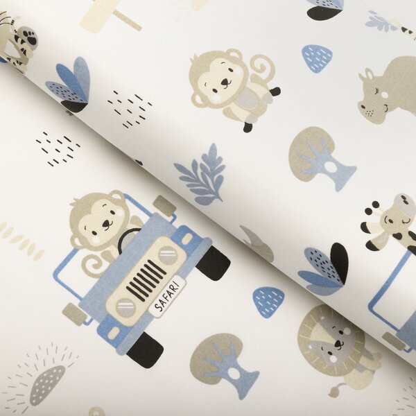 Biante Dětský polštář válec bonbon Sandra SA-760 Safari zvířátka s modrými auty na bílém 15x40 cm