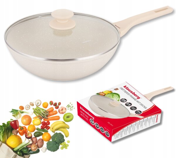 Mramorová pánev WOK 28 cm, krémová s poklicí, Klausberg KB-7991