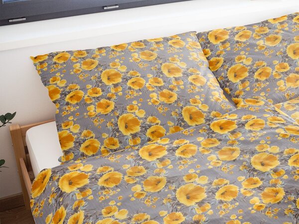 Polášek Krepové povlečení Drobné kvítí - Žlutá / šedá | 140 x 200 cm / 70 x 90 cm