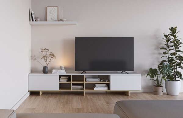 Marckeric Bílý lakovaný TV stolek Cequoia 230 x 35,5 cm s dubovým dekorem