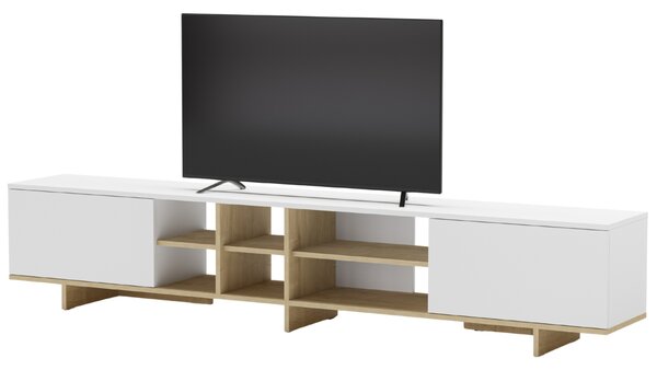 Marckeric Bílý lakovaný TV stolek Cequoia 230 x 35,5 cm s dubovým dekorem