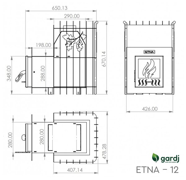 Kamna na dřevo ETNA 12 s externím topeništěm — 12,2 kW