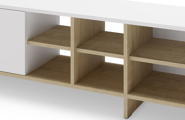Marckeric Bílý lakovaný TV stolek Cequoia 230 x 35,5 cm s dubovým dekorem