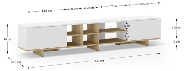 Marckeric Bílý lakovaný TV stolek Cequoia 230 x 35,5 cm s dubovým dekorem