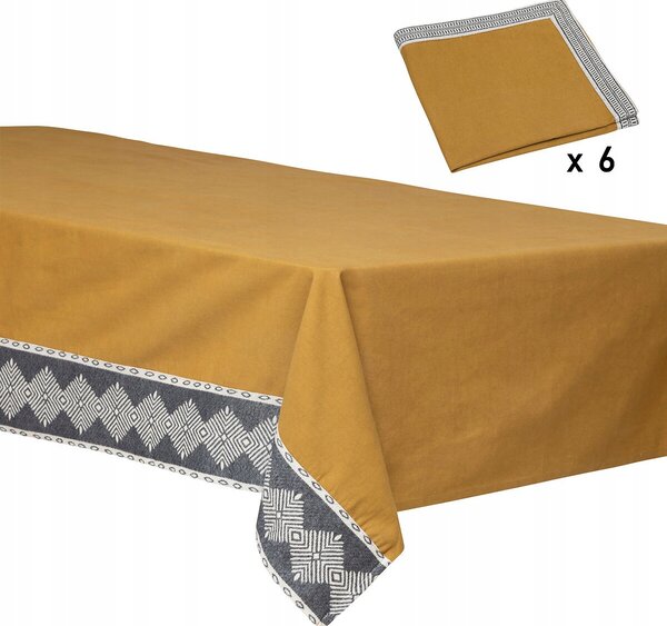 BAVLNĚNÝ UBRUS OBDÉLNÍKOVÝ ŽLUTÝ OKR 150 x 250 cm + 6 UBROUSKŮ