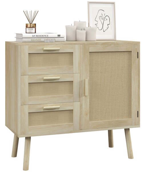 HOMCOM Univerzální skříňka v boho stylu s dvířky a 3 zásuvkami z dřeva a ratanu pro obývací pokoj a předsíň, 80x36x75cm, Dub | Aosom