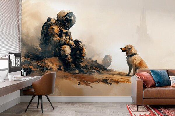 Fototapeta Astronaut sedí na skále a dívá se na psa, Vesmírné fototapety, Populární fototapety, w03115 - Tapeko.co.cz