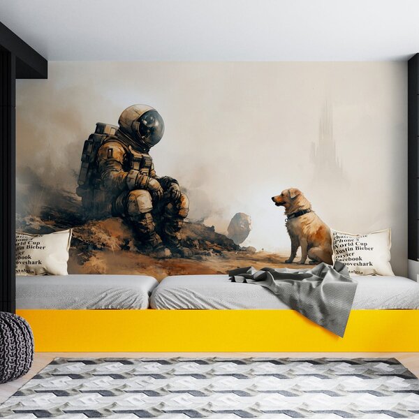 Fototapeta Astronaut sedí na skále a dívá se na psa, Vesmírné fototapety, Populární fototapety, w03115 - Tapeko.co.cz