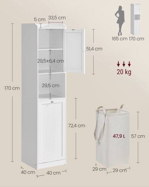 SONGMICS Vysoká koupelnová skříňka s košem na prádlo Vasagle Clark bílá