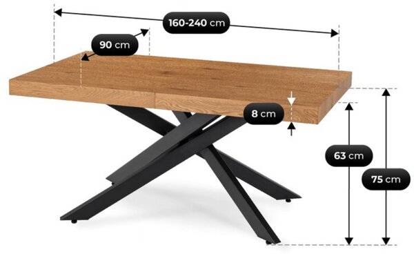 JAKS Rozkládací jídelní stůl Hampton 160–240 cm černý / zlatý dub