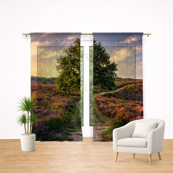 Záclona Zlatý soumrak – stromy a pole při západu slunce: 2ks 150x250cm