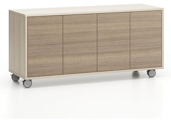 Pojízdná skříňka na kolečkách s dveřmi LAYERS, dlouhá, 1200 x 400 x 575 mm, dub přírodní / dub mořený