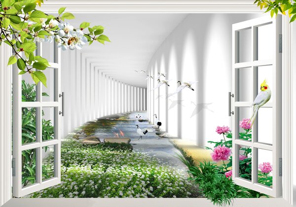 Fototapeta Okno s výhledem na rybník a květiny, 3D fototapety, Populární fototapety, u06326 - Tapeko.co.cz