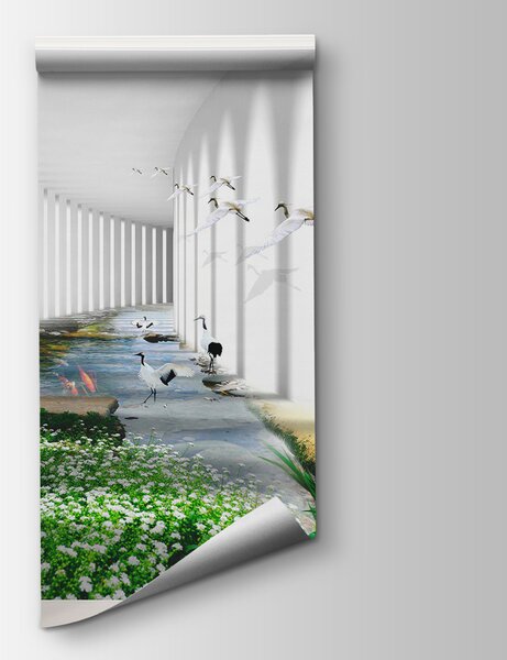 Fototapeta Okno s výhledem na rybník a květiny, 3D fototapety, Populární fototapety, u06326 - Tapeko.co.cz