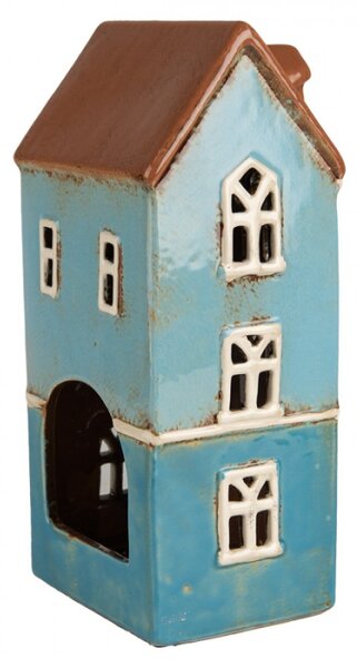 Modro-hnědý keramický domeček na čajovou svíčku Houthem XXXI – 11x9x22 cm