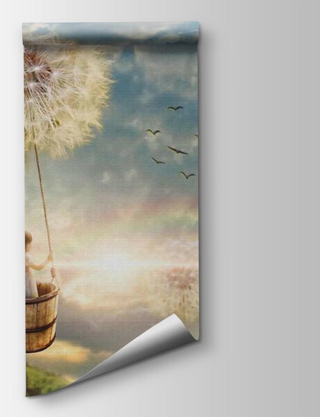 Fototapeta Dívka v košíku na houpačce s pampeliškou na obloze, Fototapety s pampeliškami, Populární fototapety, u16580 - Tapeko.co.cz