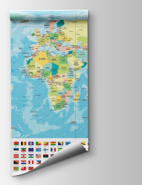 Fototapeta Mapa světa s různými vlajkami, Fototapeta s mapou světa, Populární fototapety, u18208 - Tapeko.co.cz