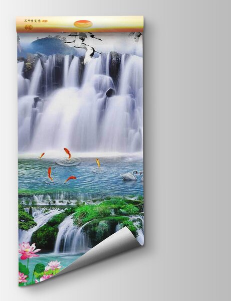 Fototapeta Vodopád s ptáky a květinami, Přírodní fototapety, Populární fototapety, u23287 - Tapeko.co.cz