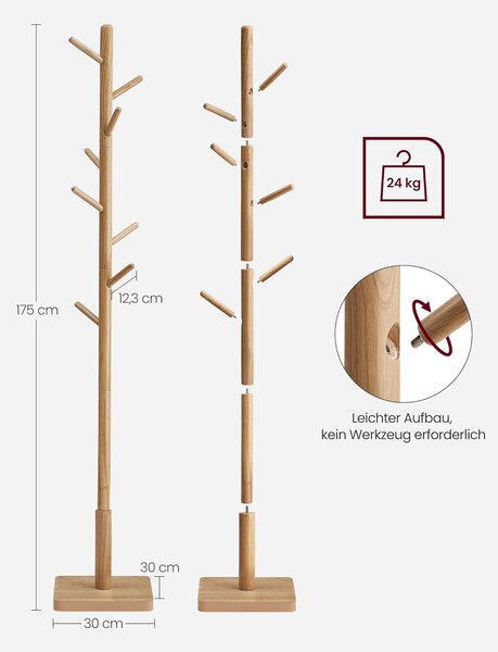 VASAGLE Dřevěný věšák na kabáty 8 háčků světlé dřevo
