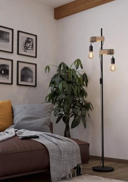Eglo 43516 TOWNSHEND - Retro stojací lampa se dřevěným prvkem, 2 x E27 (Podlahová lampa s vypínačem na kabelu)