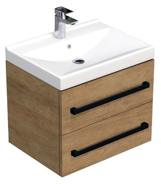 Koupelnová skříňka s černou úchytkou a umyvadlem SAT Cube Way 60x47,5x46 cm dub Hickory mat CUBE46C602DHVER