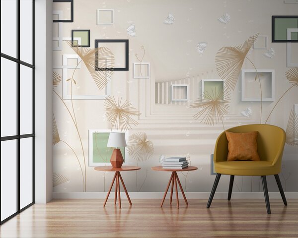 Fototapeta Tapety s bílými a hnědými květy a motýly, 3D fototapety, Populární fototapety, u40860 - Tapeko.co.cz