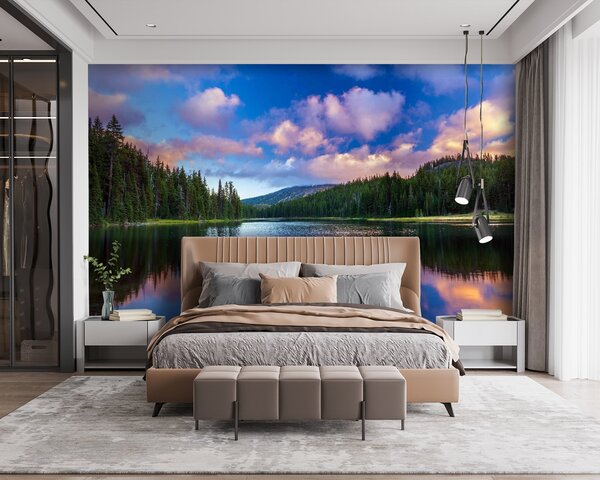 Fototapeta Jezero obklopené stromy a horami, Přírodní fototapety, Populární fototapety, u58610 - Tapeko.co.cz