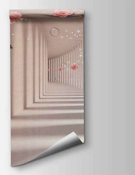 Fototapeta Tapety s růžovými růžemi a bílými schody, 3D květinové fototapety, Populární fototapety, u60194v3 - Tapeko.co.cz