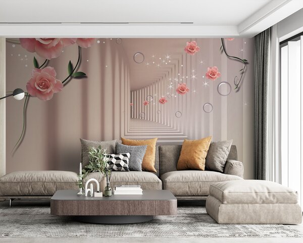 Fototapeta Tapety s růžovými růžemi a bílými schody, 3D květinové fototapety, Populární fototapety, u60194v3 - Tapeko.co.cz