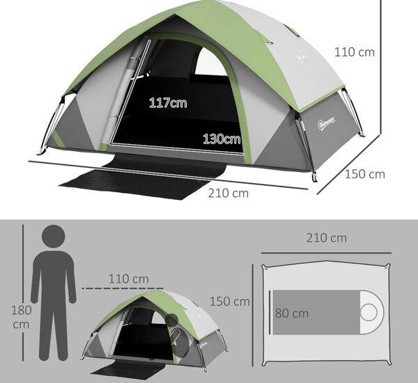 Outsunny Stan pro 2 Osoby - Lehký, Stabilní, Voděodolný Rodinný Stan s Dveřmi a Okno, Balicí Taška, Háček, Stan pro Kempování s Vodním Sloupem 3000mm