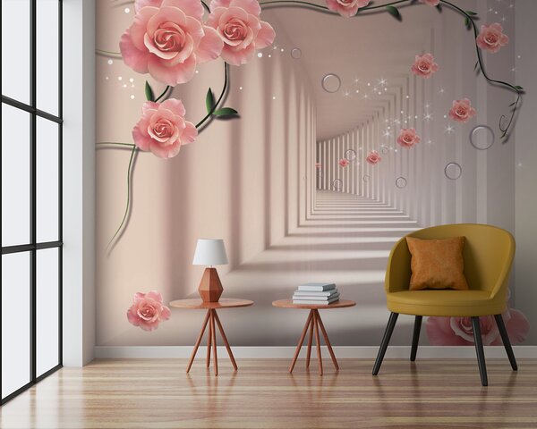 Fototapeta Tapety s růžovými růžemi a bílými schody, 3D květinové fototapety, Populární fototapety, u60194v3 - Tapeko.co.cz