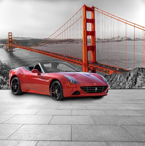 Fototapeta Červené sportovní auto na silnici s mostem v pozadí, Automobilové fototapety, Populární fototapety, u64433 - Tapeko.co.cz