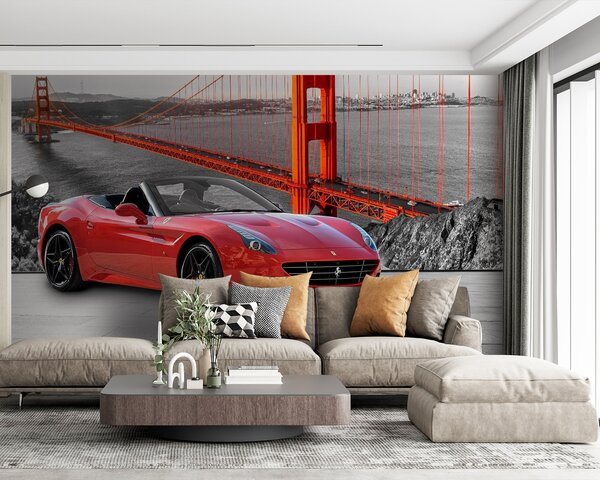 Fototapeta Červené sportovní auto na silnici s mostem v pozadí, Automobilové fototapety, Populární fototapety, u64433 - Tapeko.co.cz