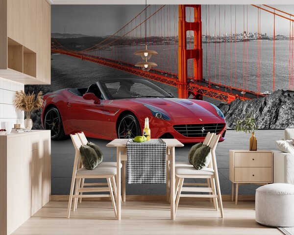 Fototapeta Červené sportovní auto na silnici s mostem v pozadí, Automobilové fototapety, Populární fototapety, u64433 - Tapeko.co.cz