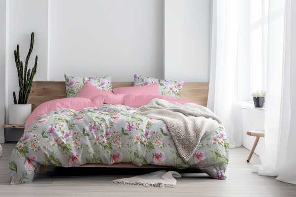 Ervi Bavlněné povlečení oboustranné - Magnolia a lilia na šedém/růžové