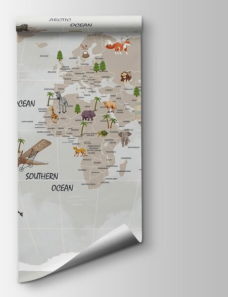 Fototapeta Mapa světa se zvířaty, Dětské fototapety, Populární fototapety, u93386 - Tapeko.co.cz
