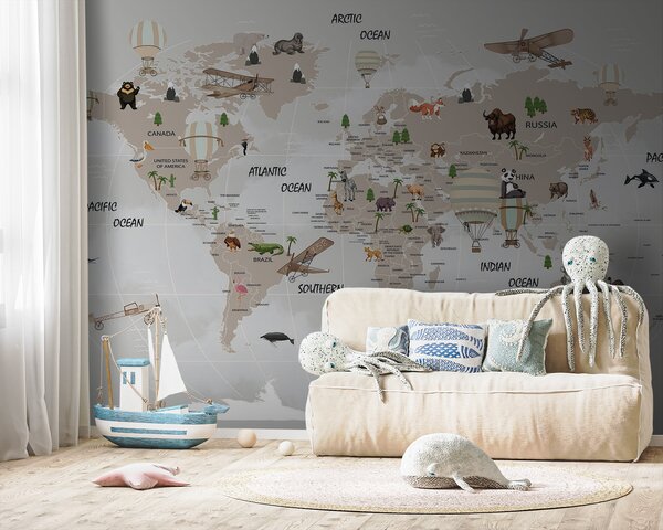 Fototapeta Mapa světa se zvířaty, Dětské fototapety, Populární fototapety, u93386 - Tapeko.co.cz