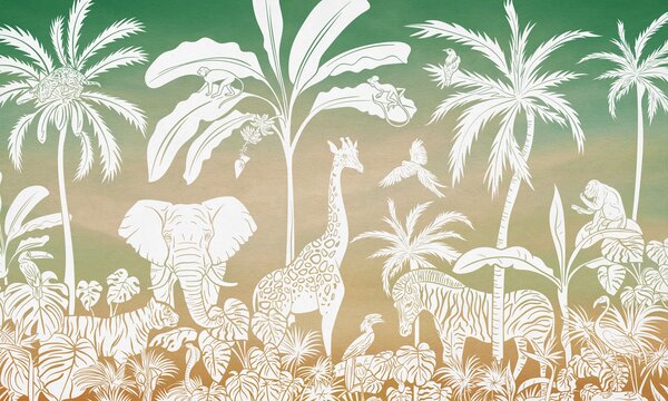 Dětská tapeta džungle – Monochrome Jungle Green sky | Fugu Materiál: Digitální eko vlies - klasická tapeta nesamolepicí