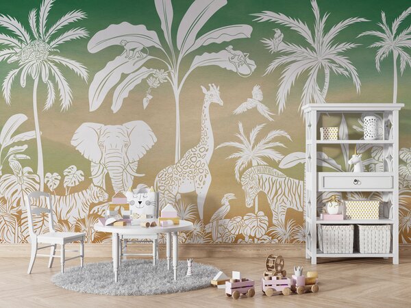 Dětská tapeta džungle – Monochrome Jungle Green sky | Fugu Materiál: Digitální eko vlies - klasická tapeta nesamolepicí