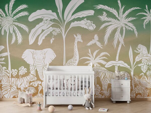 Dětská tapeta džungle – Monochrome Jungle Green sky | Fugu Materiál: Digitální eko vlies - klasická tapeta nesamolepicí