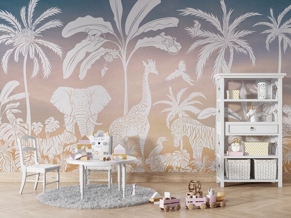 Dětská tapeta džungle – Monochrome Jungle Pink sky | Fugu Materiál: Digitální eko vlies - klasická tapeta nesamolepicí