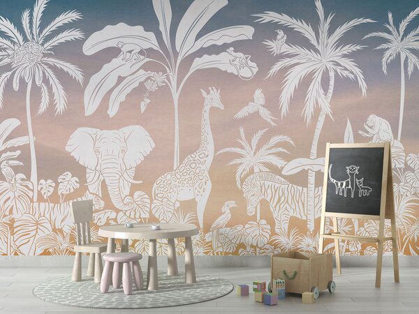 Dětská tapeta džungle – Monochrome Jungle Pink sky | Fugu Materiál: Digitální eko vlies - klasická tapeta nesamolepicí