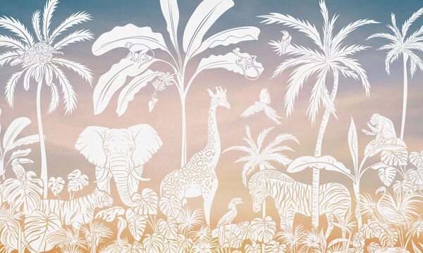 Dětská tapeta džungle – Monochrome Jungle Pink sky | Fugu Materiál: Digitální eko vlies - klasická tapeta nesamolepicí