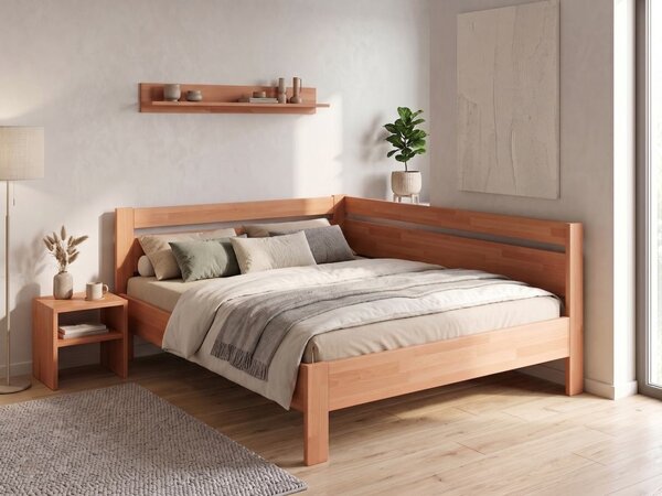 Rohová zvýšená postel Tina - dvoulůžko 140x200, Moření: Buk přírodní, Varianta: Pravá