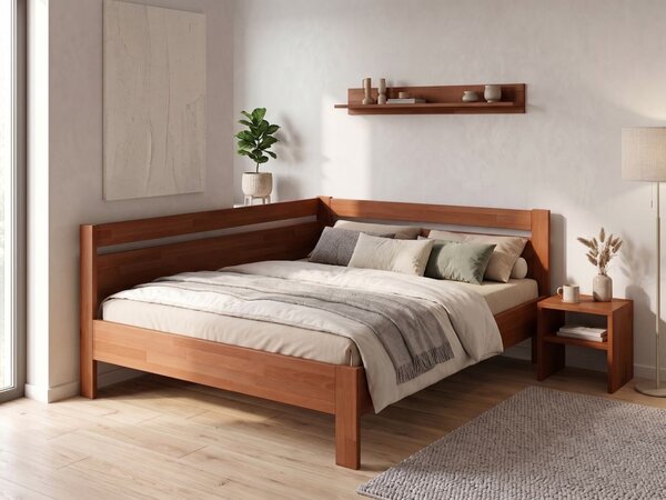 Rohová zvýšená postel Tina - dvoulůžko 140x200, Moření: Buk přírodní, Varianta: Pravá