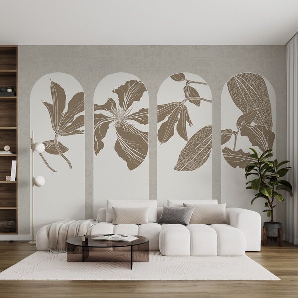 Fototapety Elegantní oblouky s květinovými vzory v béžové a bílé barvě na béžovém pozadí s texturou,, Fototapety příroda, w08866 : uwalls.cz