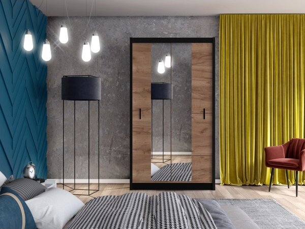 Šatní skříň se zrcadlem MIRO 120x215x61 cm dub craft/černá