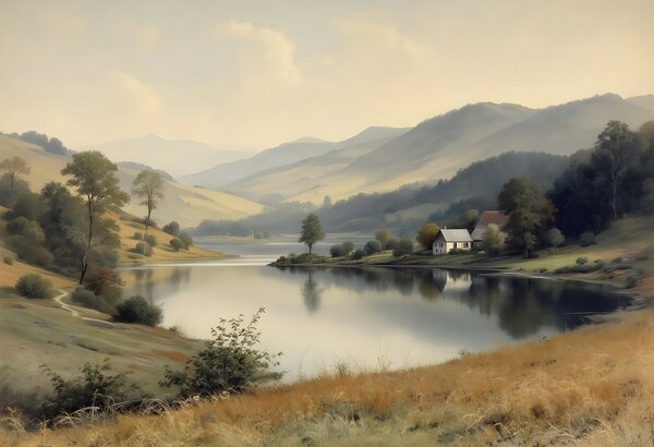Fototapeta Jezero s domem a stromy, Přírodní fototapety, Populární fototapety, w03331 - Tapeko.co.cz